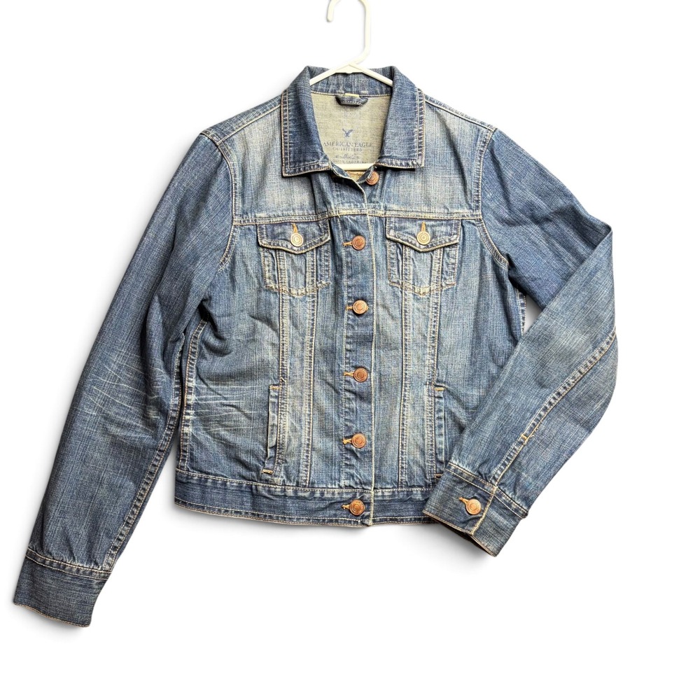 American Eagle Outfitters Medium Wash Denim Jean Trucker Jacket Womens Large L